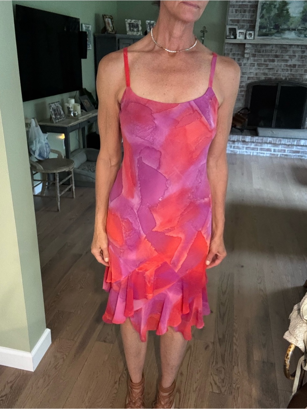 Joseph Ribkoff Pink and Orange Watercolor Slip Dress with Ruffle Hem